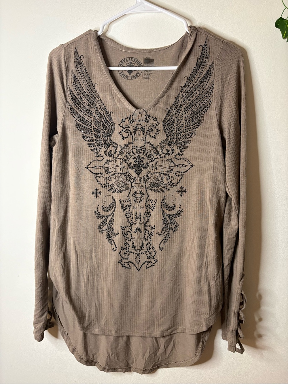 Affliction Taupe Long-Sleeve V-Neck Graphic Tee with Black Winged Cross
